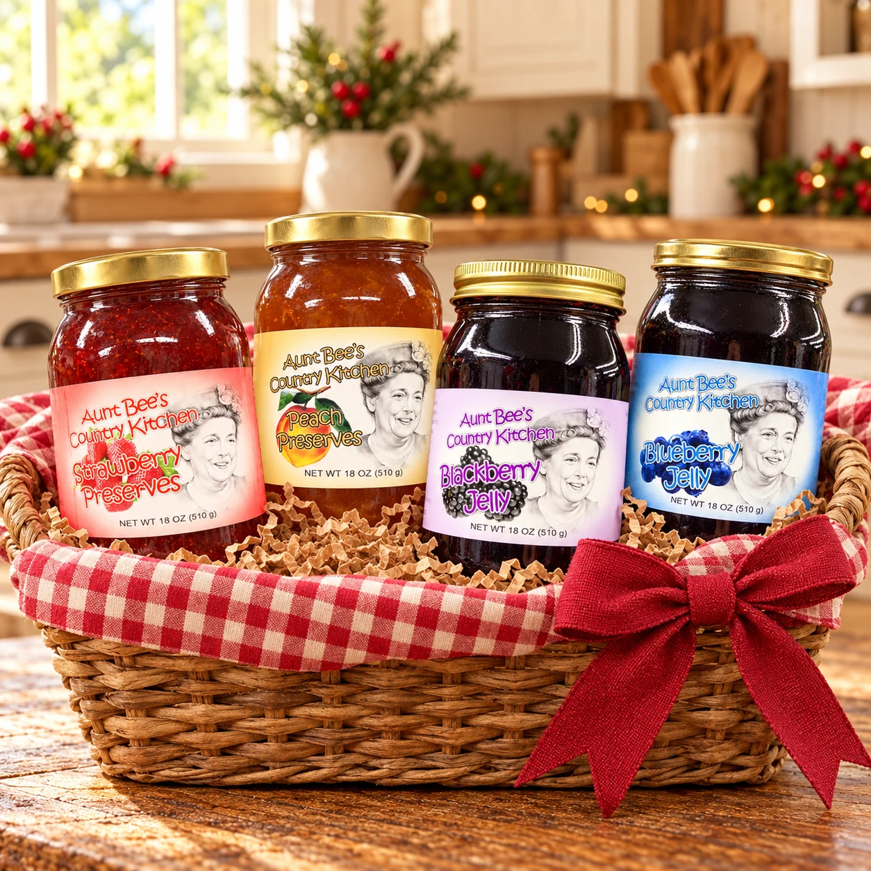 Country Classics gift basket with Strawberry Preserves, Peach Preserves, Blackberry Jelly and Blueberry Jelly