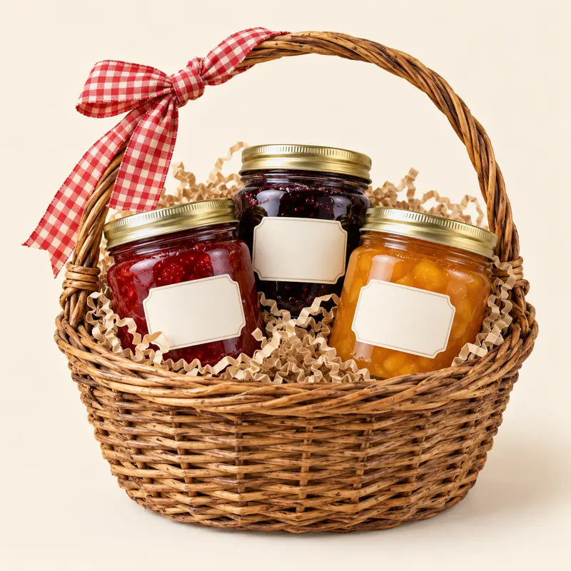 Illustrative country gift basket with three preserve jars and gingham ribbon