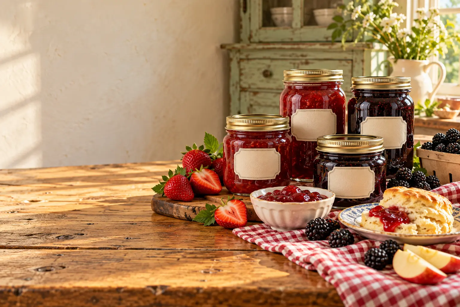 Country pantry jars, fresh berries and biscuits on a sunlit farmhouse table