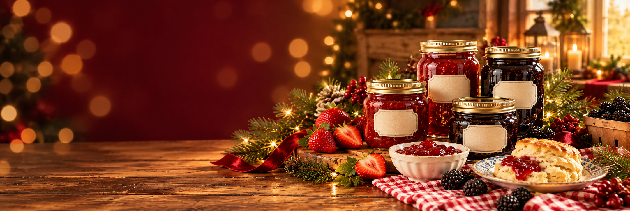 Illustrative preserves and biscuits on a country Christmas table with red gingham, greenery and warm lights