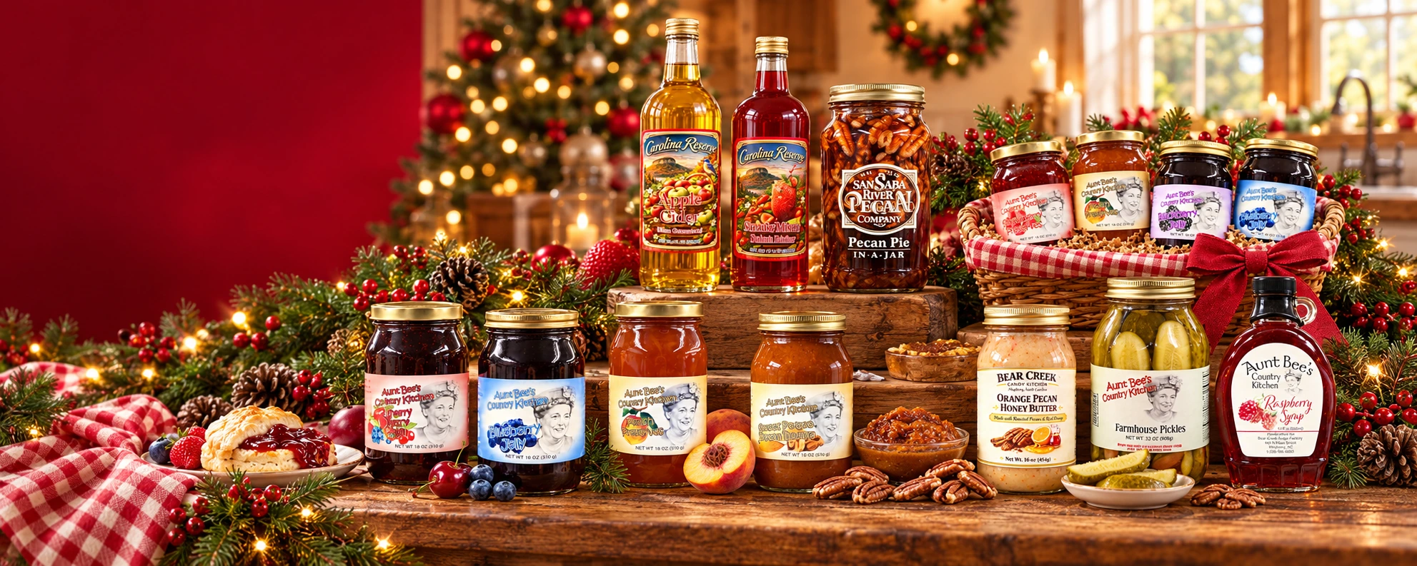 A Christmas country kitchen table with one example of jam, jelly, preserves, fruit butter, pickles, syrup, honey butter, cider, drink mixer, pecan pie mix and a gift basket, surrounded by greenery and warm holiday lights