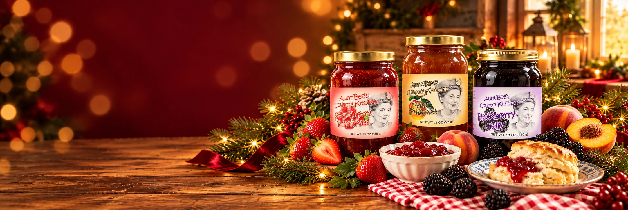 Three Aunt Bee’s jars with fresh fruit, Christmas greenery and preserves spread on a biscuit